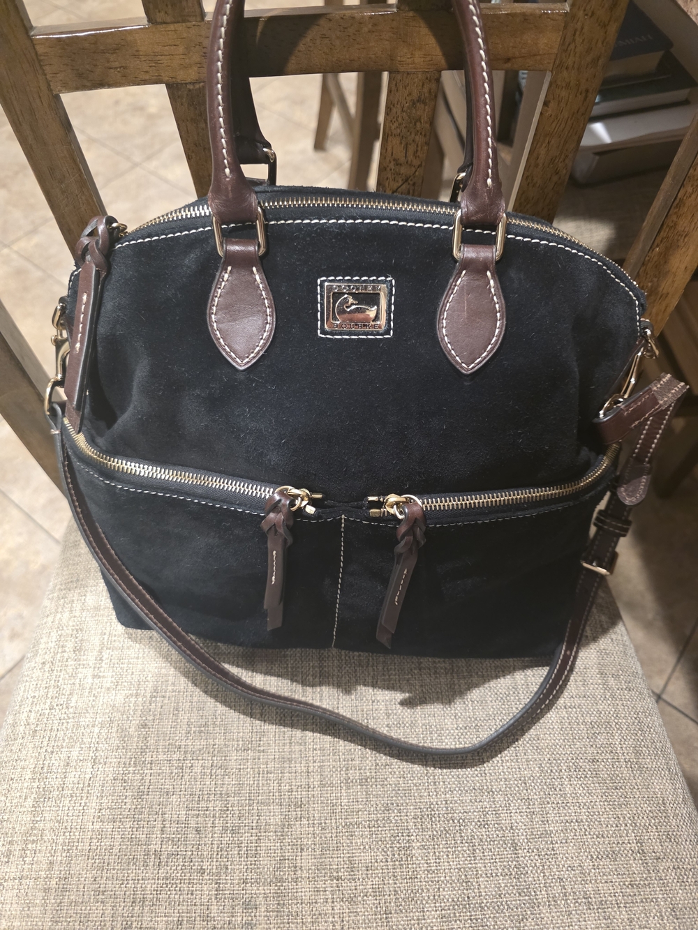 Dooney & Bourke Black Suede Shoulder Bag with Brown Leather Trim